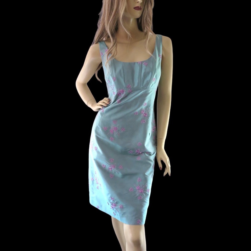 Y2K Vintage Blue Silk Embroidered Cocktail Dress